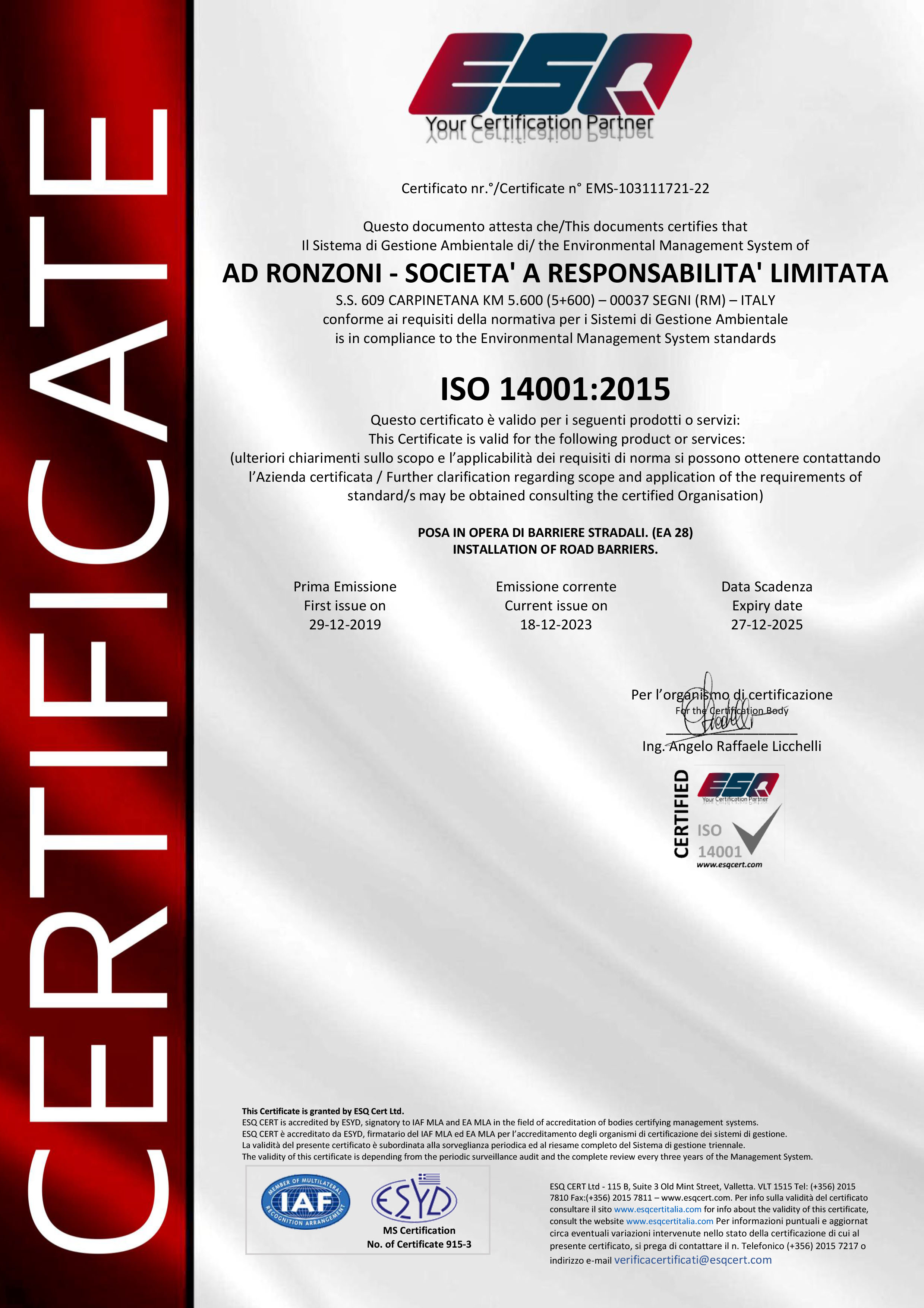 certificazione ISO 14001 2015